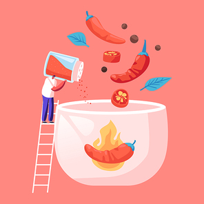 Hot Spicy Food Concept. Tiny Male Character Stand on Ladder Cooking Delicious Hot Meal with Red Chili Pepper and Peppercorns Ingredients, Typical Mexican Spicy Dish. Cartoon Flat Vector Illustration