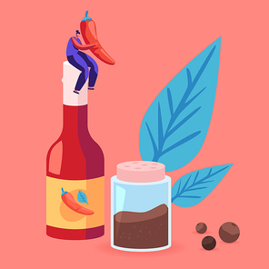 Woman Holding Red Chili Pepper Sitting on Chilli Ketchup or Sauce Bottle, Shaker with Ground Black Spice. Female Character with Seasoning Ingredient for Hot Food Dish Cartoon Flat Vector Illustration