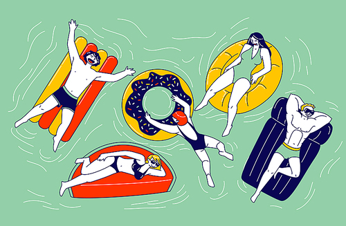 Male and Female Characters Swimming on Inflatable Mattresses in Ocean, sea or Swimming Pool. Diverse People Men and Women Having Fun, Relaxing on Summer Vacation Resort. Linear Vector Illustration