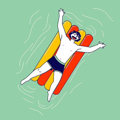 Happy Male Character Have Relax in Ocean or Sea on Holidays Enjoying Summer Time Vacation Floating on Inflatable Mattress. Resort or Hotel Relaxation in Swimming Pool. Linear Vector Illustration