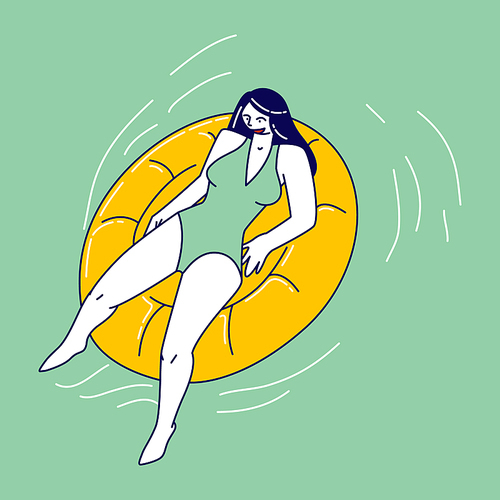 Relaxed Female Character Enjoying Summer Time Vacation Floating on Inflatable Mattress, Take Sun Bath and Tanning on Resort. Hotel Relax in Swimming Pool, Ocean or Sea. Linear Vector Illustration