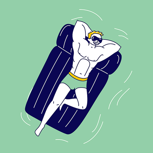 Athlete Male Character with Beautiful Bodybuilder Body Floating on Inflatable Mattress Enjoying Summer Time Vacation Resort or Hotel Relax in Swimming Pool, in Ocean or Sea. Linear Vector Illustration