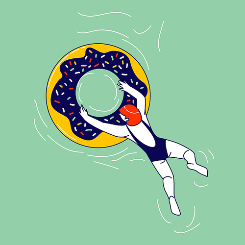 Female Character in Swimming Suit Enjoying Summer Time Vacation Floating on Inflatable Mattress in Shape of Donut in Ocean or Sea. Resort or Hotel Relax in Swimming Pool. Linear Vector Illustration