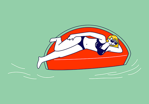 Resort, Hotel Relax in Swimming Pool. Female Character in Bikini Enjoying Summer Time Vacation Floating on Inflatable Mattress in Shape of Watermelon Piece in Ocean or Sea. Linear Vector Illustration