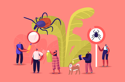 Encephalitis Mite, Tick Bite Protection Concept. Characters Search Dangerous Insect. Mite Hid on Plant Leaf, People Spraying Insect Repellent on Skin and Dog Outdoor. Cartoon Vector Illustration