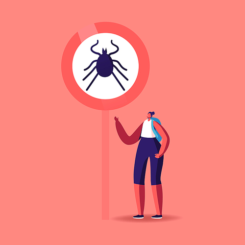 Female Character with Backpack Stand at Huge Warning Sign with Mite Image. Tourist, Backpacker or Hiker Girl in Danger of Bite with Tick in Forest and on Nature Territory. Cartoon Vector Illustration