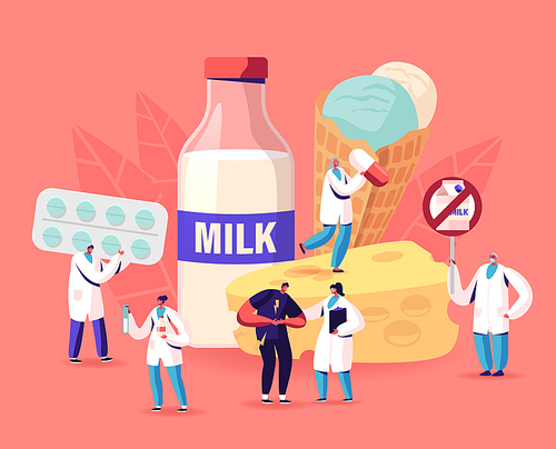 Lactose Intolerance Concept. Man Feel Bad in Stomach Visit Hospital for Treatment. Dairy Products Intolerant Character Visiting Doctor in Clinic, Health Care. Cartoon People Vector Illustration