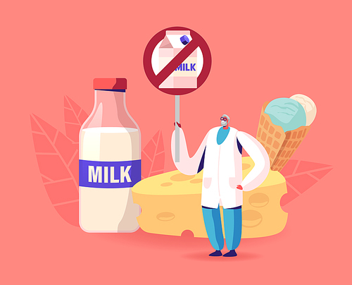 Senior Doctor Male Character Holding Restriction Banner with Crossed Milk Package. Lactose Intolerance, Allergy on Dairy Products Concept. Tiny Medic with Huge Signboard. Cartoon Vector Illustration