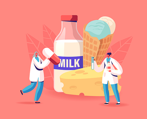 Lactose Intolerance Concept. Tiny Doctor Characters with Huge Pills Treat Allergy on Dairy Production, Problem of Drinking Milk and Eating Lactose-containing Meals. Cartoon People Vector Illustration