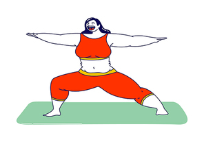 Fat Girl in Sports Wear Engage Fitness or Yoga Activity Isolated on White Background. Overweight Woman Character Healthy Sport Life Aerobics Pilates Workout Training Class. Linear Vector Illustration