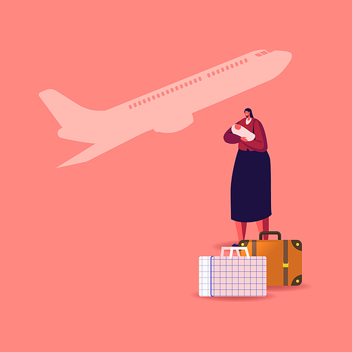 Female Character with Newborn Baby on Hands with Luggage Bags and Flying Airplane on Background. Illegal or Legal Immigrant, Refugee Woman with Child Leaving Country. Cartoon Vector Illustration