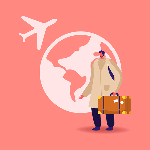 Male Character with Suitcase in Hand Stand at Earth Globe with Flying Airplane in Sky. Tourist Traveling Abroad on Summer Vacation, Illegal or Legal Immigrant Cross Border. Cartoon Vector Illustration