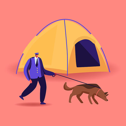 Border Guard Character with Dog on Leash Searching Illegal Immigrants in Refugees Camp with Tent. Border Protection Agent or Police Officer Occupation, Territory Patrol. Cartoon Vector Illustration