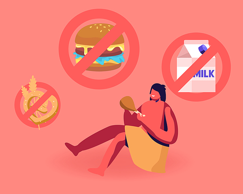 Cave Human Child Wearing Animal Skin Sitting on Ground Eating Meat with Signs Prohibit Bakery, Dairy Production and Fast Food. Paleo Diet, Nutrition of Ancient People Cartoon Flat Vector Illustration