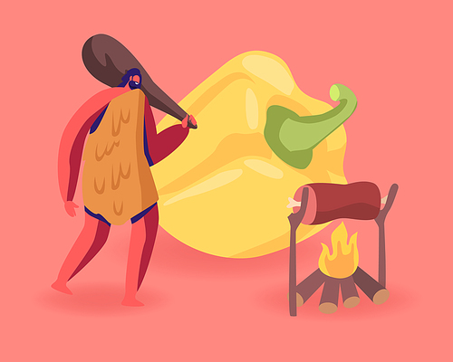 Cave Man Wearing Animal Skin Holding Cudgel on Shoulder Stand near Burning Fire with Frying Meat and Huge Bell Pepper Lying beside. Paleo Diet of People Lived in Past. Cartoon Flat Vector Illustration