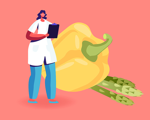 Female Doctor Nutritionist Wearing White Robe Holding Clipboard Stand front of Huge Bell Pepper and Green Beans. Dietology Science and Healthy Nutrition Concept. Cartoon Flat Vector Illustration