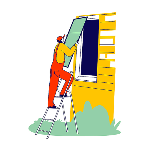 Worker Stand on Ladder Installing Mosquito Net on Plastic Window from Outside of Cottage Building. Protection of Insects at Summer Period, Contractor in Overalls Character. Linear Vector Illustration