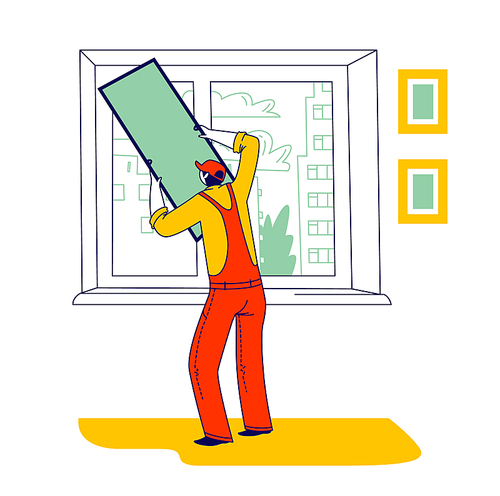 Worker in Overalls Installing Mosquito Net on Plastic Window in Apartments from Inside. Protection of Insects at Summer Period, Contractor Character Construction Working. Linear Vector Illustration