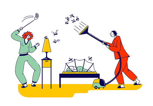 Despair Young Couple Characters Fighting with Mosquito at Night Time, Man and Woman Use Vacuum Cleaner and Fly Swatter for Killing Insects. Baby Sleeping under Net. Linear People Vector Illustration