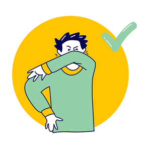 Right Way to Sneeze to Prevent Virus Infection. Male Character Sneezing and Coughing Into his Arm or Elbow to Prevent Spread Covid-19, Coronavirus Contagious Infection. Linear Vector Illustration