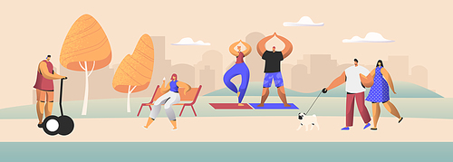 People City Dwellers Outdoors Activity. Male and Female Characters Spend Time in Public Park Walking with Pet, Driving Hoverboard, Eating Ice Cream, Doing Exercises. Cartoon Flat Vector Illustration