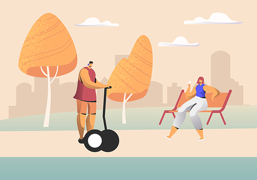 Young People Relaxing in City Park at Summertime, Man Riding Hoverboard, Woman Sitting on Bench. Dwellers Having Spare Time or Leisure on Weekend, Resting Characters. Cartoon Flat Vector Illustration