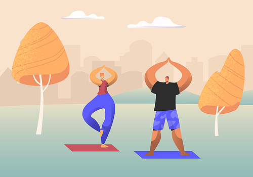Couple of Healthy People Doing Yoga Asana or Aerobics Exercise Standing with Hands Up in Urban City Park, Sport Life Activity, Man and Woman Healthy Lifestyle. Cartoon Flat Vector Illustration
