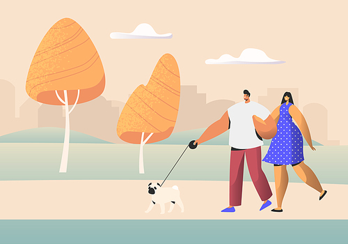 Family Couple of Young People Characters Walking with Pet in Public City Park at Summer Time. Man and Woman Walk with Dog Outdoors, Spouse Relaxing Promenade in Park. Cartoon Flat Vector Illustration