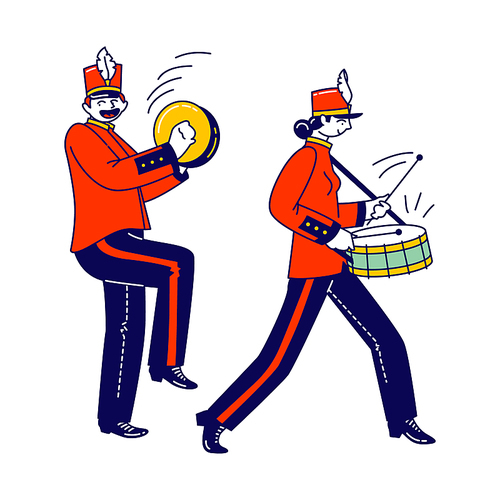 Military Orchestra Characters Wear Festive Red Uniform and Hats with Plumage Playing Orchestral Brass Plates and Drum Instruments during March Parade or Public Event. Linear People Vector Illustration