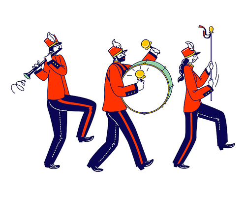 Victory Parade Celebration, Musician Characters Walking with March. Military Orchestra Playing Musical Instruments Flute and Big Drum Isolated on White Background. Linear People Vector Illustration