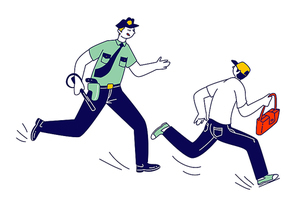 Male Police Officer at Work Catching Up Pickpocket Thief to Arrest Steal Bag from Victim. Policeman on Duty, City Patrol Man Constable Fight with Criminal. Cartoon Flat Vector Illustration, Line Art