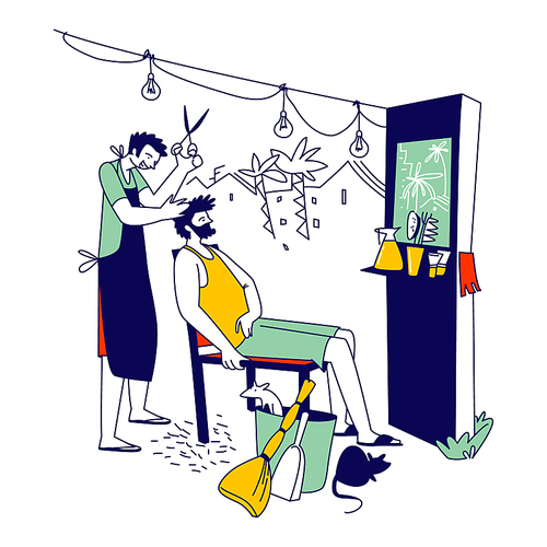 Street Barber Character Doing Client Haircut in Outdoor Men Beauty Salon Barbershop. Poor Country Grooming Place with Chair, Cutting Tools, Dirt and Rats around. Linear People Vector Illustration