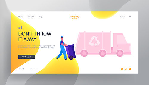 Municipal Recycling Service Website Landing Page. Dustman Loading Litter Bin to Garbage Truck for Transportation on Recycle Utilization Factory Web Page Banner. Cartoon Flat Vector Illustration