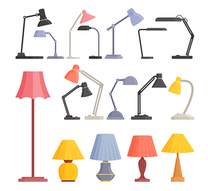 Set Table and Floor Work Lamps, Colored Metal Desk Bulbs of Modern Design Isolated on White Background. Torchere Electric Supplies for Home Decor and Room Illumination. Cartoon Vector Illustration