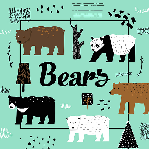 Cute Bears Hand Drawn Design. Childish Wildlife Animals Background for Poster, Greeting Card, Decoration, Cover. Vector illustration