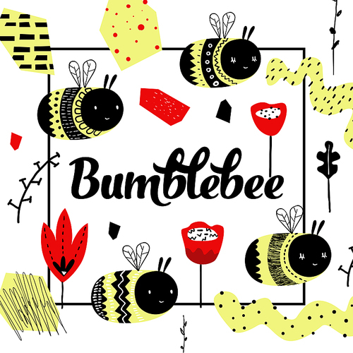 Childish Design with Cute Bee. Children Background with Funny Bumblebee for Print, Cover, Card, Invitation. Vector illustration