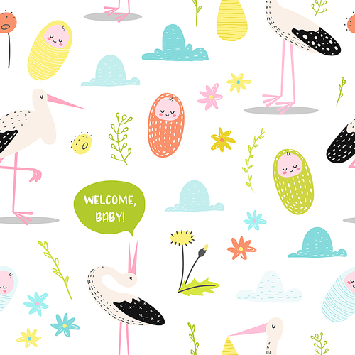 Baby Shower Seamless Pattern with Cute Stork and Newborn Child. Baby Background for Decoration, Wallpaper, Fabric. Vector illustration