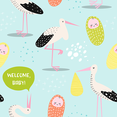 Baby Shower Seamless Pattern with Cute Stork and Newborn Child. Baby Background for Decoration, Wallpaper, Fabric. Vector illustration