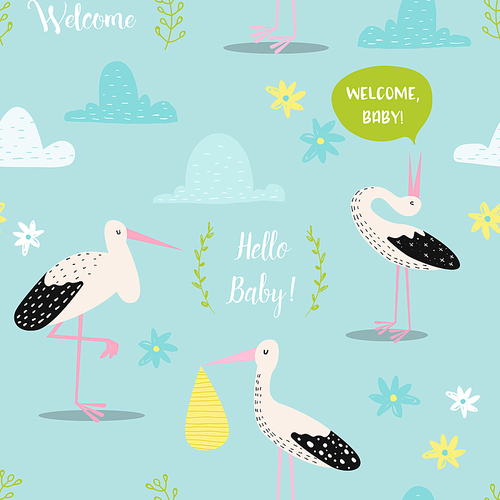 Baby Shower Seamless Pattern with Cute Storks and Newborn Child. Baby Background for Decoration, Wallpaper, Fabric, Invitation. Vector illustration