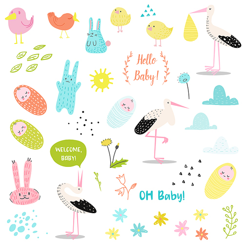 Baby Shower Decorative Elements Set with Cute Stork, Newborn Child and Bunnies. Party Decoration, Invitation, Happy Birthday. Vector illustration