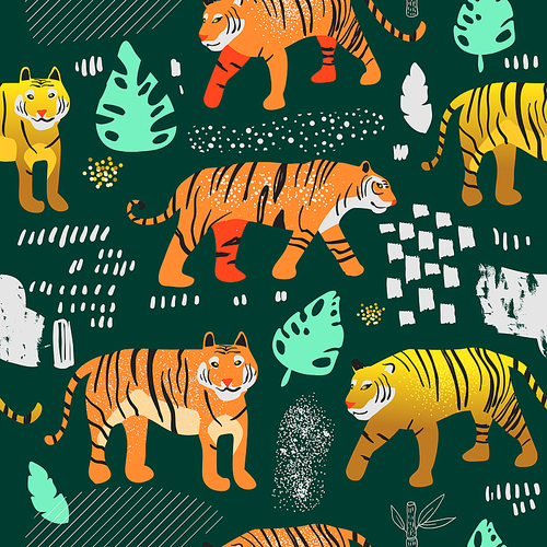 Seamless Pattern with Cute Tigers in Jungle. Childish Wildlife Animals Background for Fabric Textile, Wallpaper, Wrapping Paper, Decoration. Vector illustration