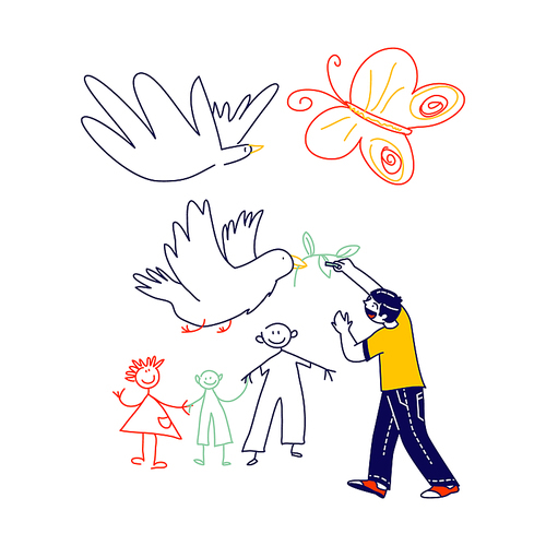 Little Boy Drawing Doves with Branch and Happy Family. Child Character Painting on White Wall, International Kids Day or Peace Day Celebration. Childhood, Happiness Concept. Linear Vector Illustration