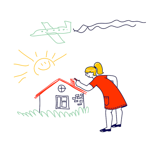 Happy Child Character Painting on White Wall. Girl Drawing House, Sun and Flying Airplane in Sky. International Kids Day or Peace Day Holidays Concept, Childhood, Happiness. Linear Vector Illustration