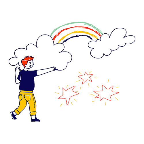 Happy Boy Drawing Stars, Rainbow and Clouds. Child Character Painting on Wall. International Kids Day or Peace Day Concept. Little Artist Activity, Childhood, Happiness. Linear Vector Illustration