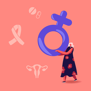 Tiny Female Character Holding Huge Venus Symbol in Hands. Estrogen and Estradiol Hormones Concept, Female Reproductive System Health Care and Control. Woman Fertility. Cartoon Vector Illustration