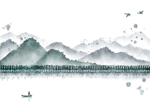 수채화와 수묵화 분위기의 동양 풍경 산수화 디자인 배경 이미지.