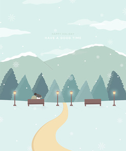추운 겨울, 눈 내리는 공원에서 가로등 불과 벤치에 앉아있는 커플 일러스트