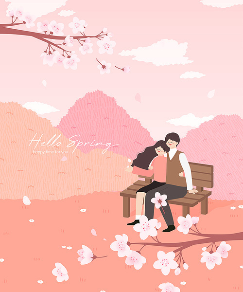 커플이 공원 벤치에 앉아서 휘날리는 벚꽃을 바라보고 있는 일러스트