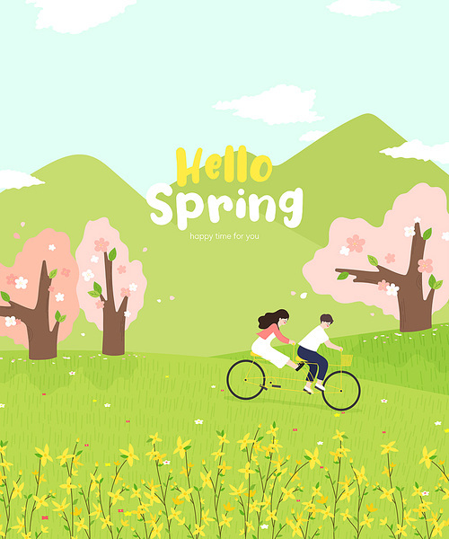개나리, 벚꽃 봄꽃들이 활짝 핀 공원에서 자전거 데이트를 하고 있는 커플 일러스트