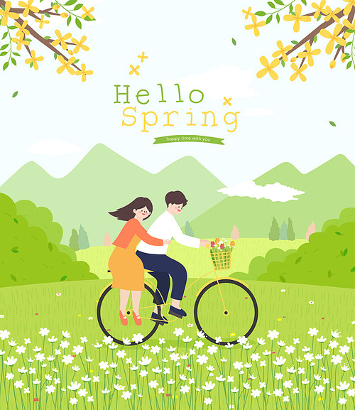 개나리 봄꽃이 활짝 핀 공원에서 자전거 데이트를 하고 있는 커플 일러스트